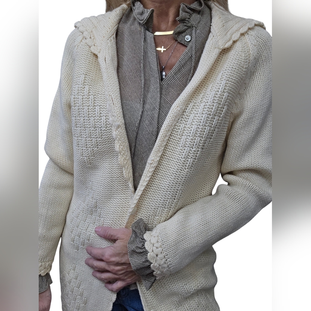 Vintage 100% Wool Cable Knit Cardigan Cream Chunky Grandpa Sweater